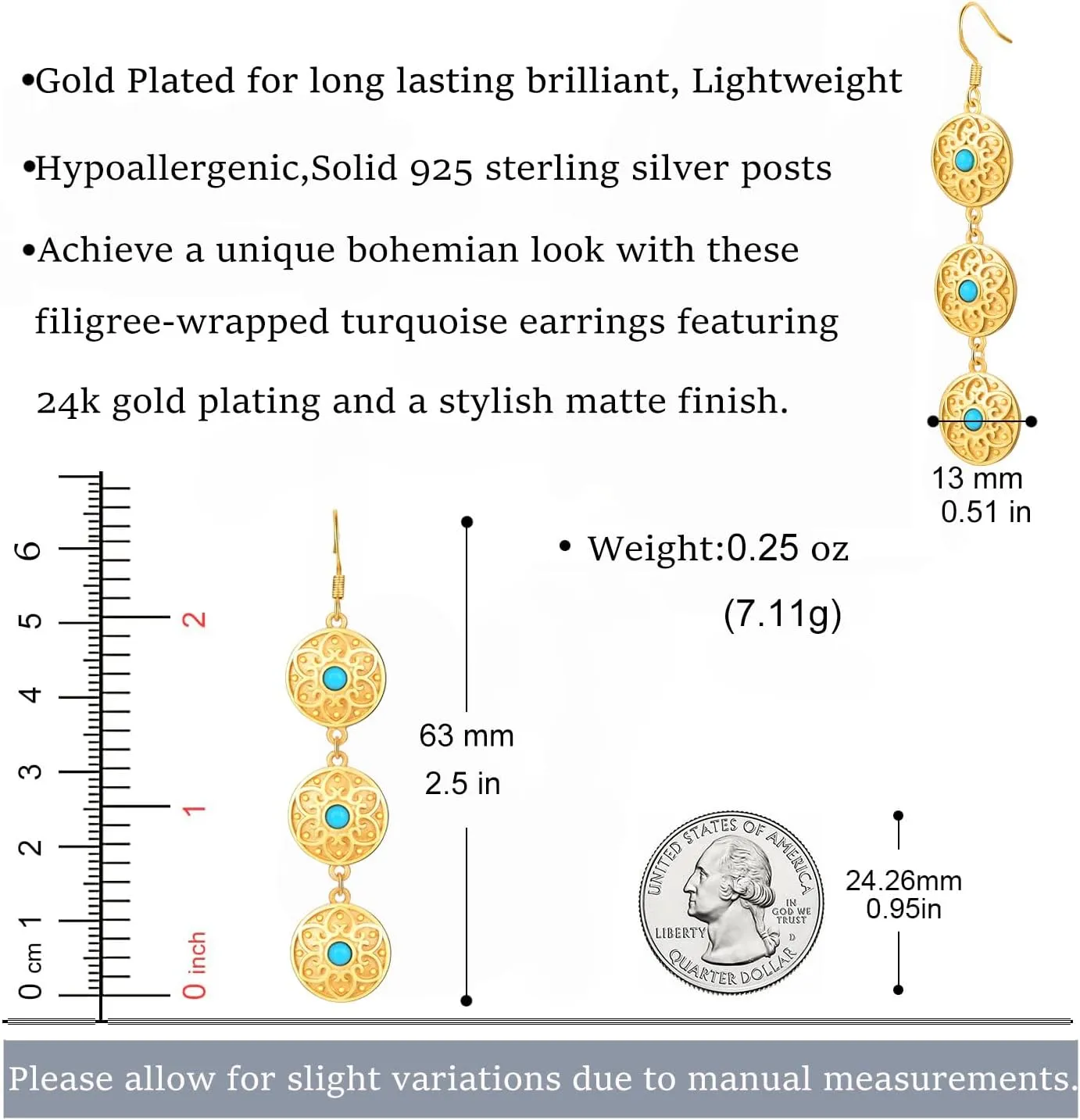 Bohemian Floral Filigree Gold Plated Turquoise Lapis Lazuli Drop Dangle Earrings, 925 Sterling Silver Durable Hook Earrings, Retro Jewelry Gift for Mother Women