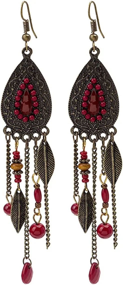 Bohemian Leaves Rice Beads Tassel Drop Earrings.Vintage Long Chain Tassel Dangle Earrings Indian Style Jewelry Gifts for Women