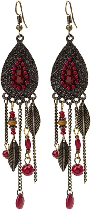 Bohemian Leaves Rice Beads Tassel Drop Earrings.Vintage Long Chain Tassel Dangle Earrings Indian Style Jewelry Gifts for Women