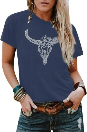 Boho Cow Skull Shirt Women Cowgirl t Shirt Vintage Western Rodeo Graphic Tee Short Sleeve Bull Skull Casual Top