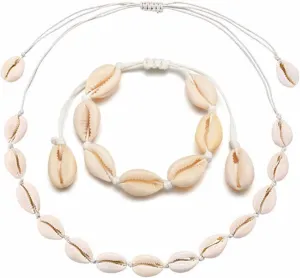 Boho Natural Seashell Necklace Bracelet Set for Women,Statement Adjustable Ocean Shell Choker Necklace Handmade Summer Bohemian Hawaii Beach Seashell Jewelry Gifts