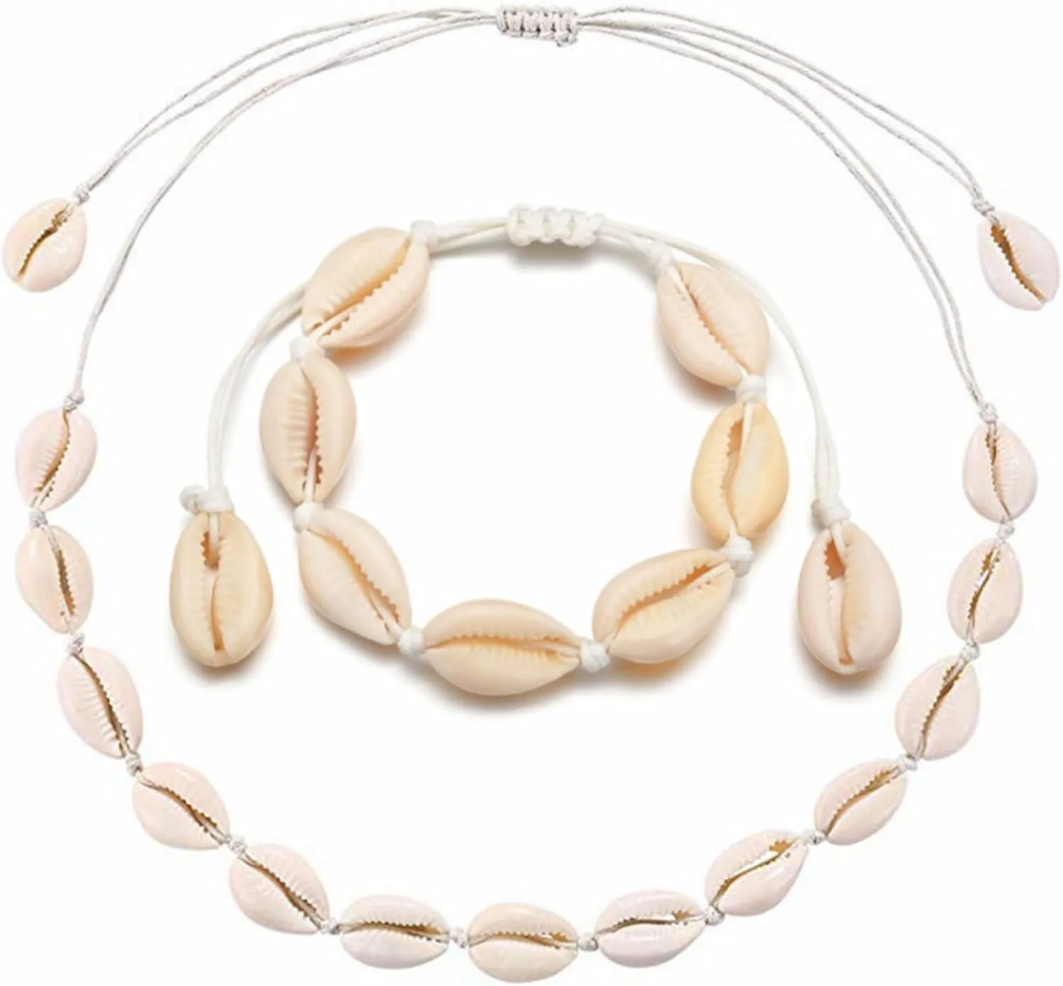 Boho Natural Seashell Necklace Bracelet Set for Women,Statement Adjustable Ocean Shell Choker Necklace Handmade Summer Bohemian Hawaii Beach Seashell Jewelry Gifts