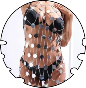 Boho Silver Body Chain Sexy Sequins Bra Chains Bikini Dress Chest Chain Harness Halter Backless Top Rave Nightclub Party Body Jewelry for Women and Girls(D)