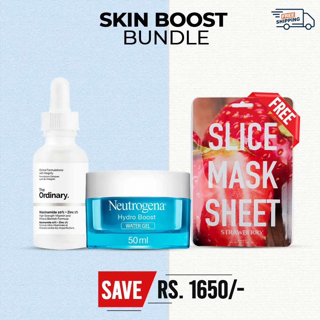 Boost Your Skin Bundle with Water Gel ( The Ordinary Niacinamide 10%   Zinc 1%, Neutrogena Face Moisturizer Water Gel Hydro Boost Normal to Combination Skin, Slice Mask Strawberry )