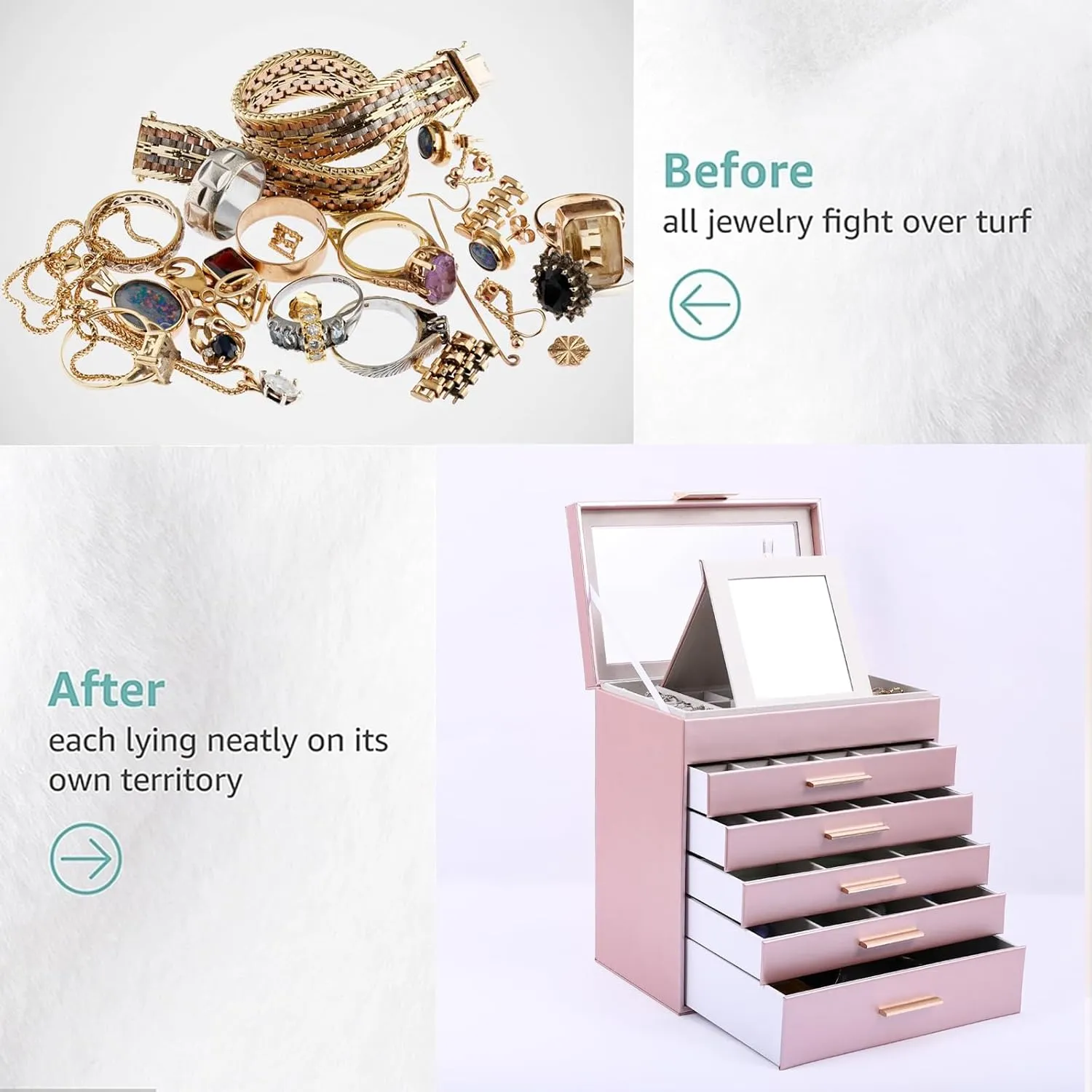 BOOVO Jewelry Boxes for Women, White and Black 6 Layer Large Jewelry Box for Necklace, Bracelet, Earrings, Rings Storage, Jewelry holder Organizer for Girls Gift (Rose gold, 6 layer)