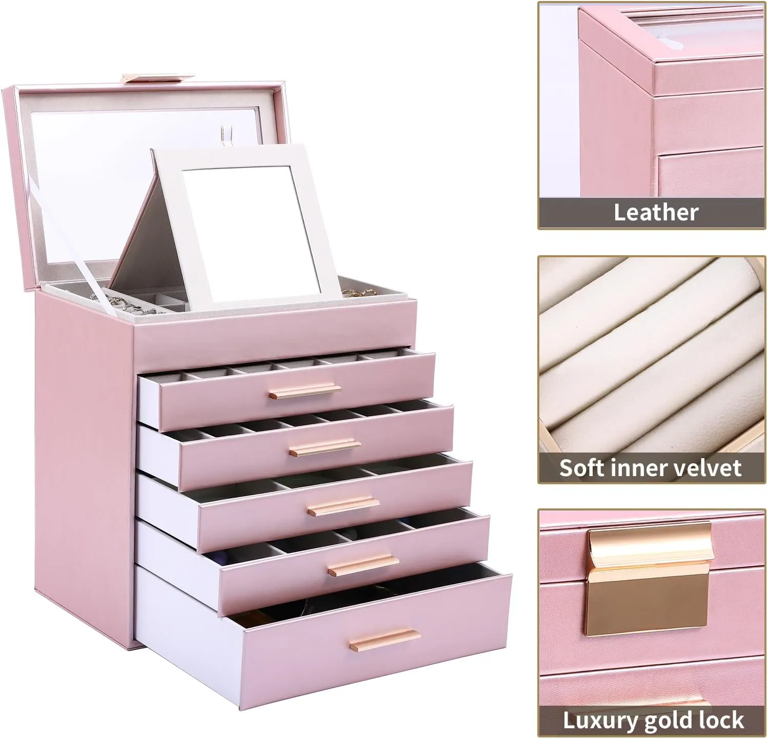 BOOVO Jewelry Boxes for Women, White and Black 6 Layer Large Jewelry Box for Necklace, Bracelet, Earrings, Rings Storage, Jewelry holder Organizer for Girls Gift (Rose gold, 6 layer)