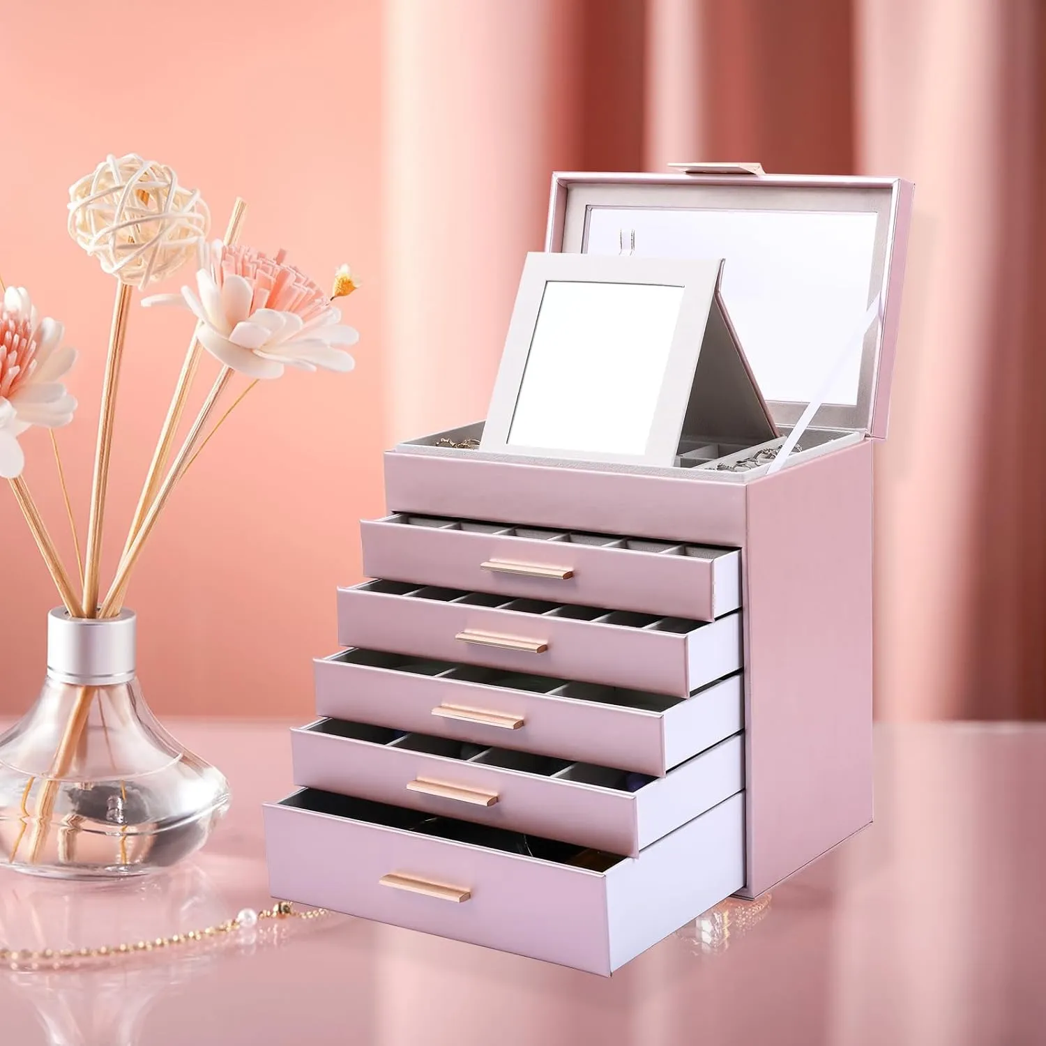 BOOVO Jewelry Boxes for Women, White and Black 6 Layer Large Jewelry Box for Necklace, Bracelet, Earrings, Rings Storage, Jewelry holder Organizer for Girls Gift (Rose gold, 6 layer)