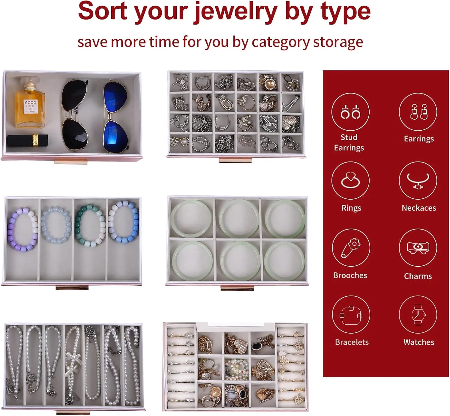 BOOVO Jewelry Boxes for Women, White and Black 6 Layer Large Jewelry Box for Necklace, Bracelet, Earrings, Rings Storage, Jewelry holder Organizer for Girls Gift (Rose gold, 6 layer)