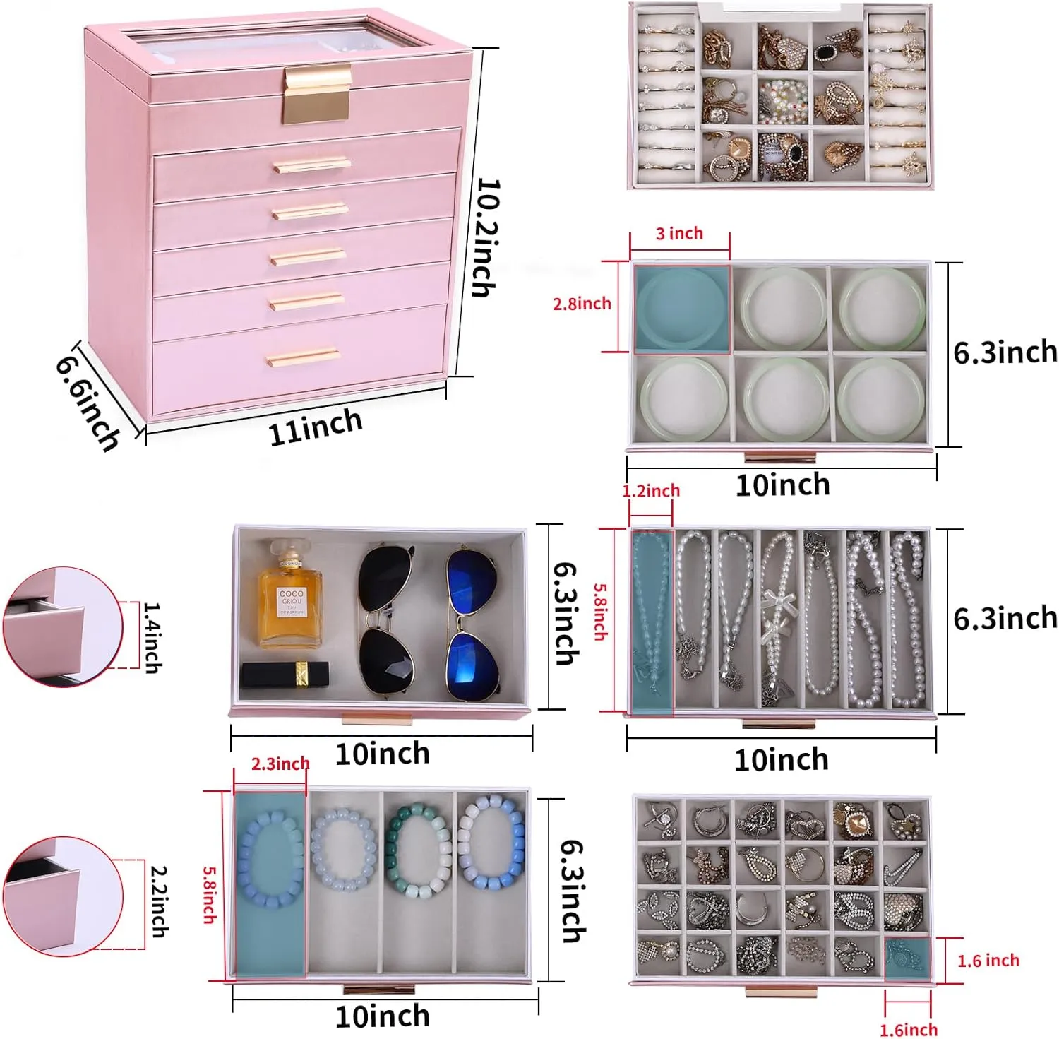 BOOVO Jewelry Boxes for Women, White and Black 6 Layer Large Jewelry Box for Necklace, Bracelet, Earrings, Rings Storage, Jewelry holder Organizer for Girls Gift (Rose gold, 6 layer)