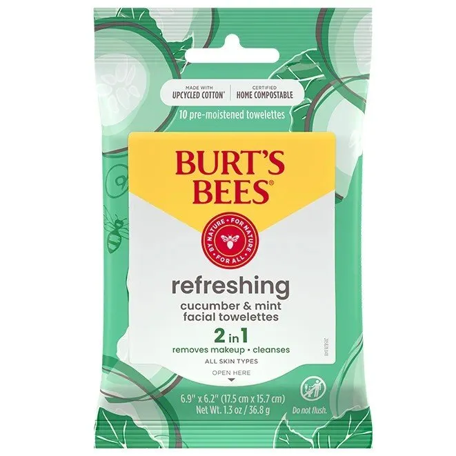Burt's Bees Refreshing 2-in-1 Facial Towelettes with Cucumber & Mint 10 Towelette