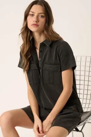Button Detail Collared Neck Short Sleeve Shirt Dress
