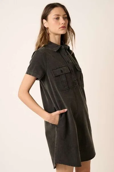 Button Detail Collared Neck Short Sleeve Shirt Dress