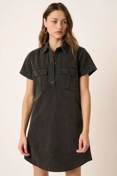 Button Detail Collared Neck Short Sleeve Shirt Dress