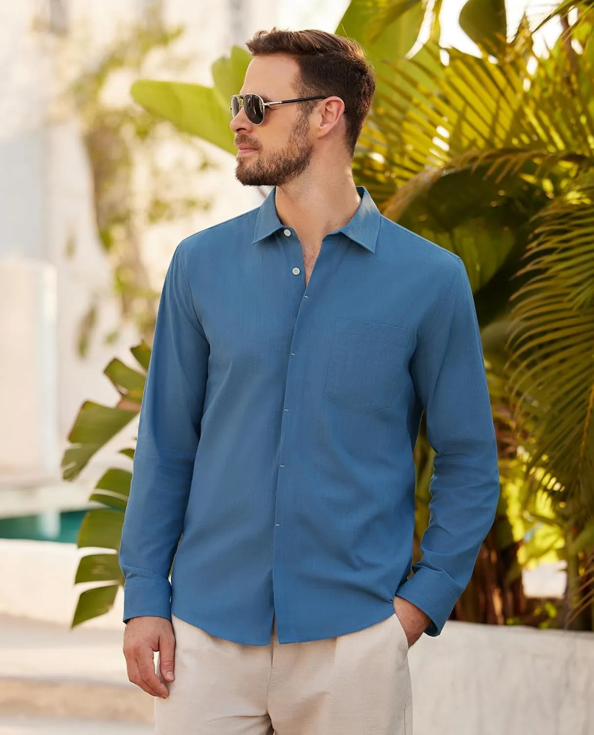 Button Down Linen Shirts for Men Casual Long Sleeve Shirts Cotton Linen Shirt with Pockets Speard Collar