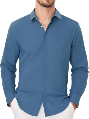 Button Down Linen Shirts for Men Casual Long Sleeve Shirts Cotton Linen Shirt with Pockets Speard Collar