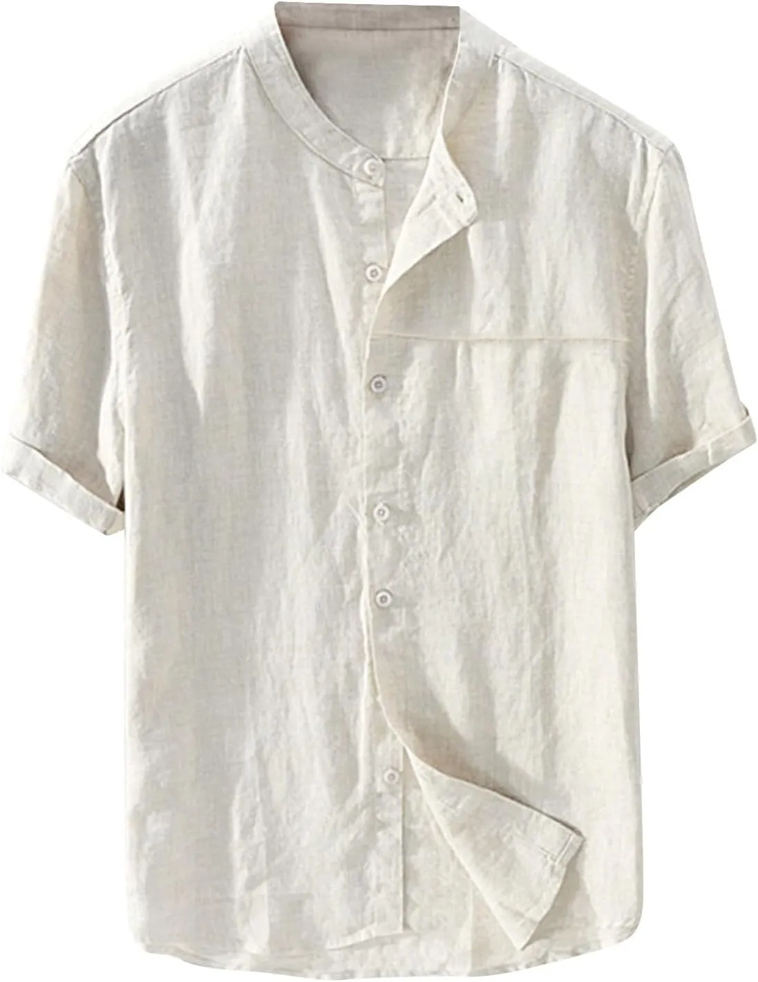 Button Down Shirts for Men Short Sleeve Linen T-Shirts Round Neck Casual Solid Blouse Loose Fit Summer Basic Tops