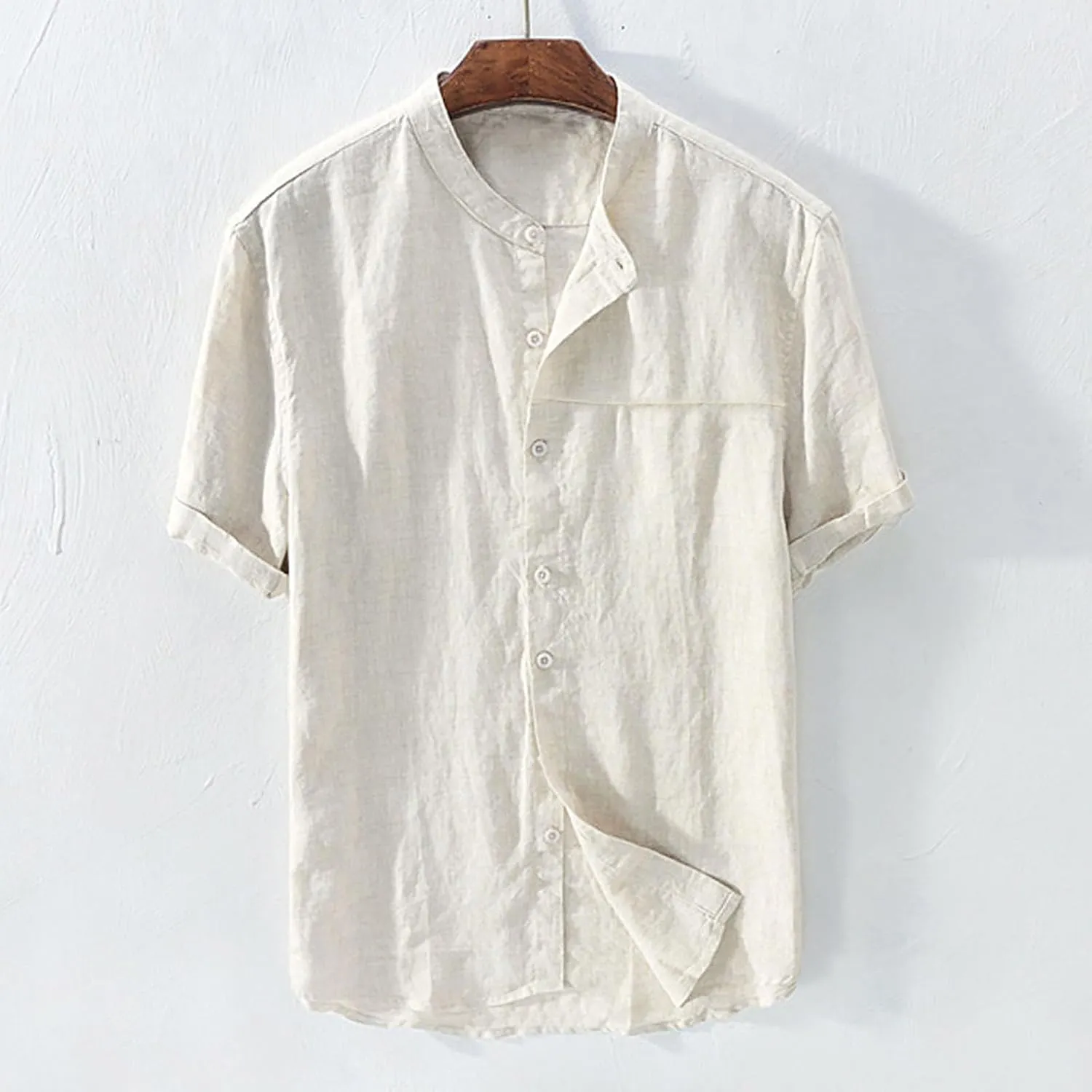 Button Down Shirts for Men Short Sleeve Linen T-Shirts Round Neck Casual Solid Blouse Loose Fit Summer Basic Tops