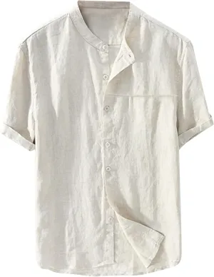 Button Down Shirts for Men Short Sleeve Linen T-Shirts Round Neck Casual Solid Blouse Loose Fit Summer Basic Tops