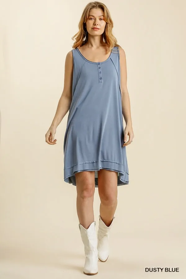 Button Front Round Neck Sleeveless Raw Edged Hem Dress