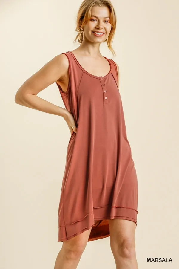 Button Front Round Neck Sleeveless Raw Edged Hem Dress
