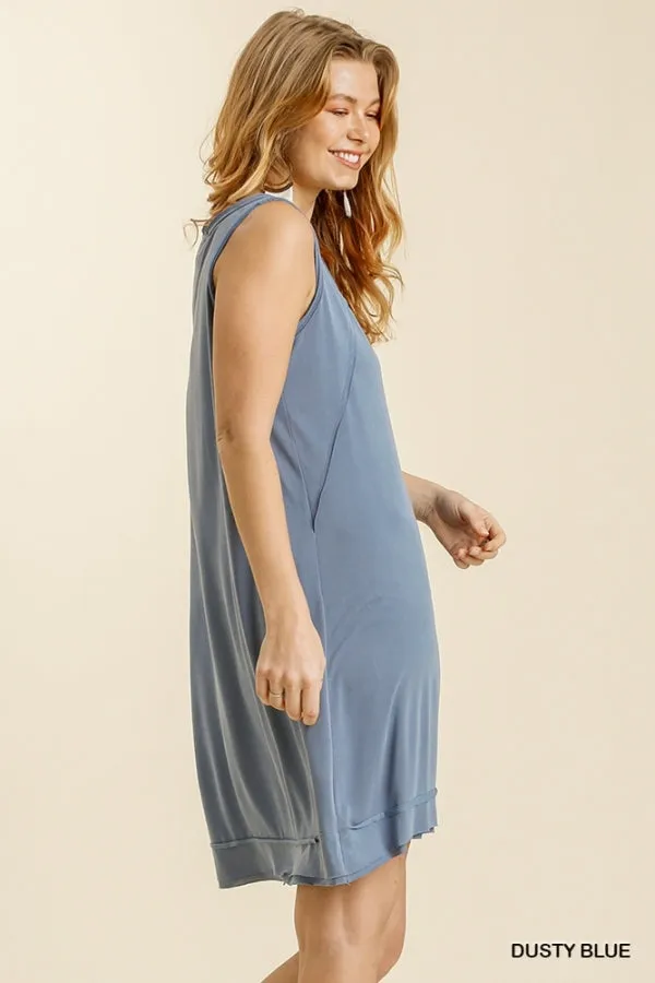 Button Front Round Neck Sleeveless Raw Edged Hem Dress