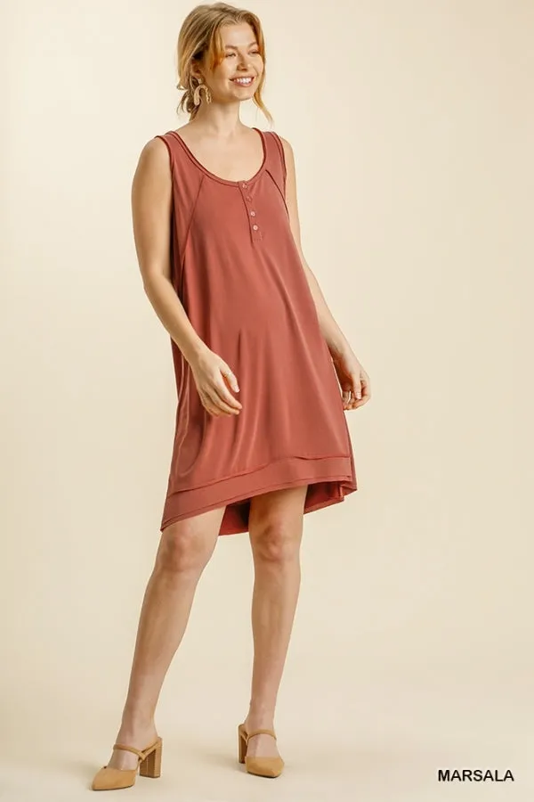 Button Front Round Neck Sleeveless Raw Edged Hem Dress