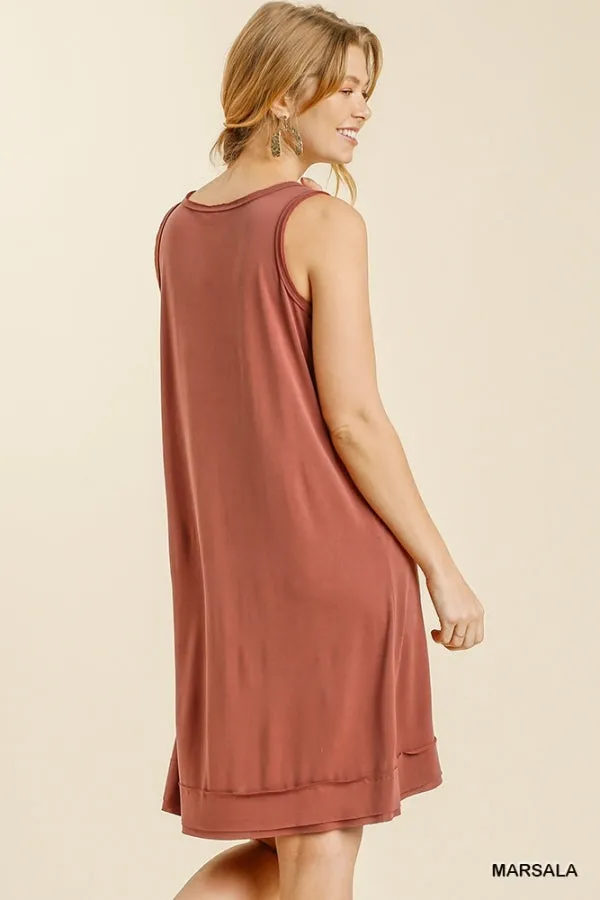 Button Front Round Neck Sleeveless Raw Edged Hem Dress