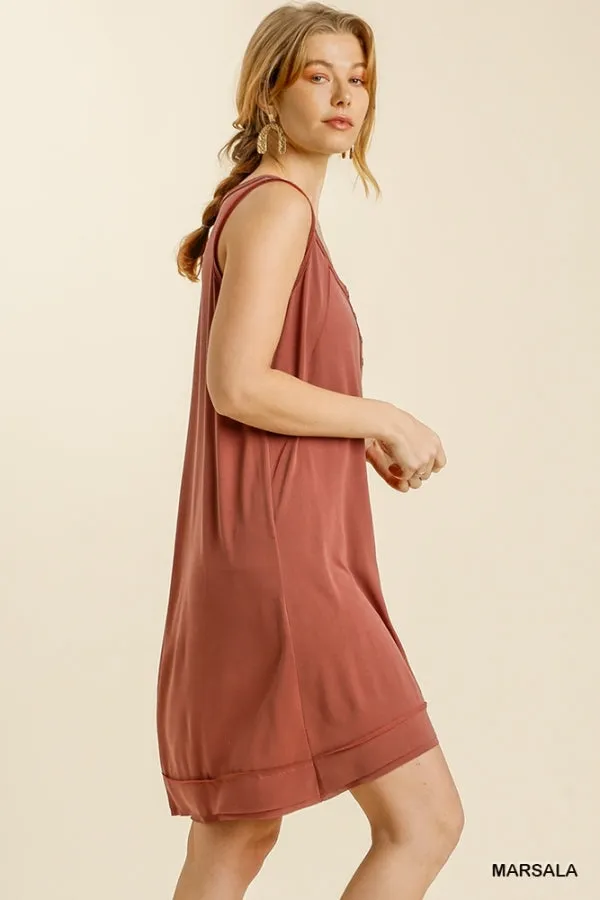 Button Front Round Neck Sleeveless Raw Edged Hem Dress