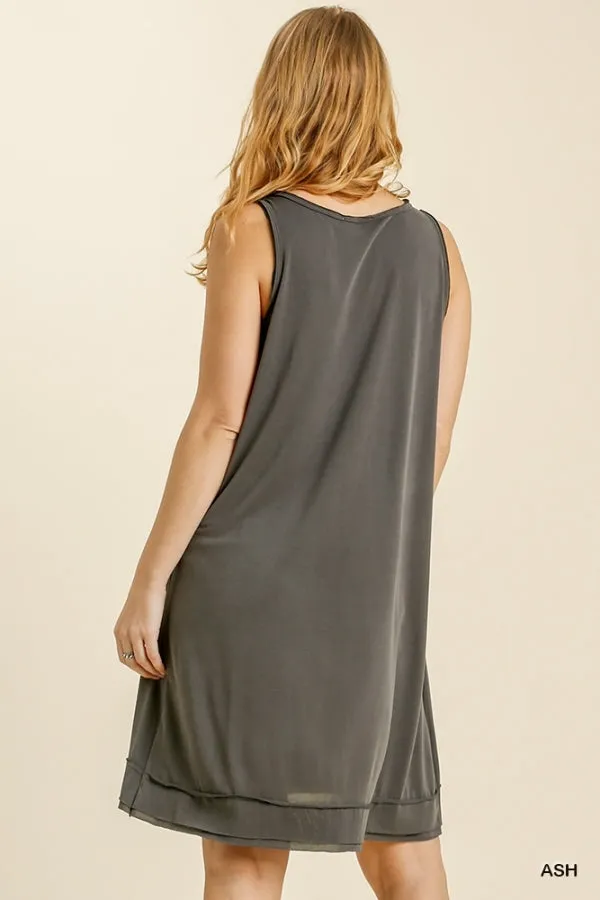 Button Front Round Neck Sleeveless Raw Edged Hem Dress