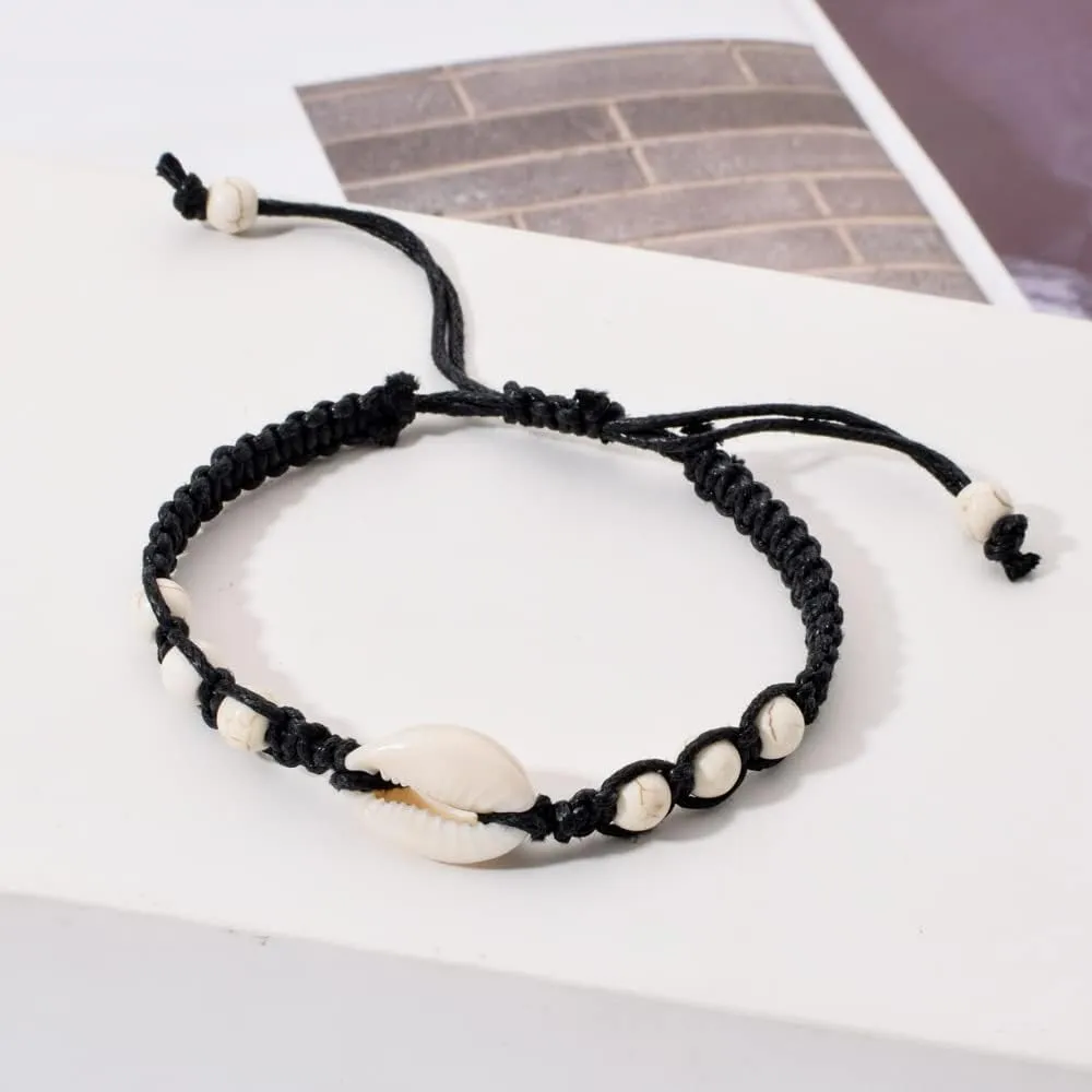 Caiyao Natural Cowrie Shell Turquoise Bead Bohemian Bracelet Handmade Braided Wax Rope Women Adjustable Starfish Anklet Beach Parties Jewelry