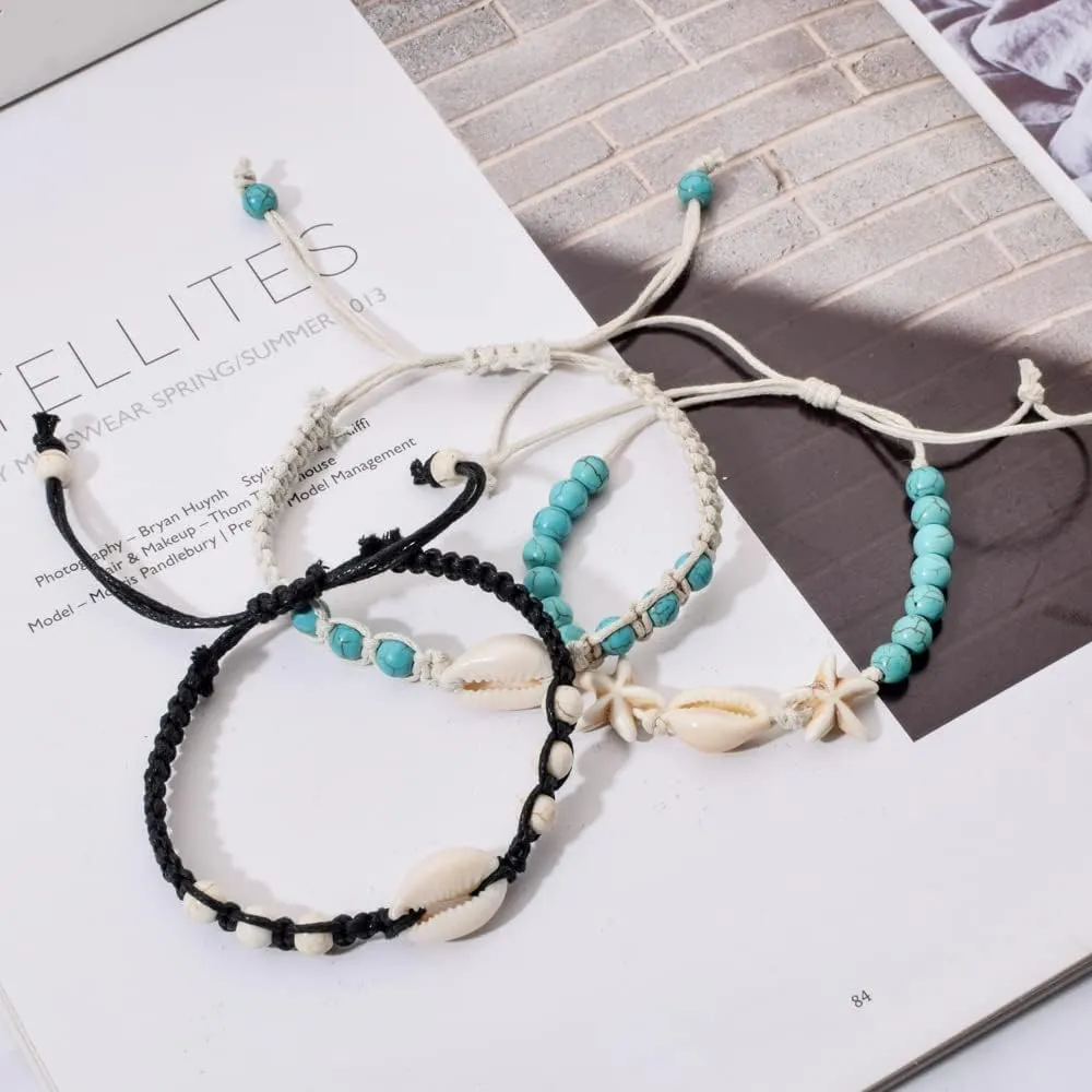 Caiyao Natural Cowrie Shell Turquoise Bead Bohemian Bracelet Handmade Braided Wax Rope Women Adjustable Starfish Anklet Beach Parties Jewelry