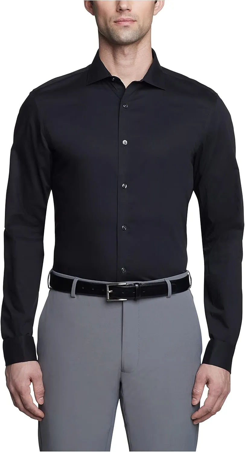 Calvin Klein Men's Non Iron Slim Fit Herringbone French Cuff Dress Shirt, Black, 17" Neck 32"-33" Sleeve