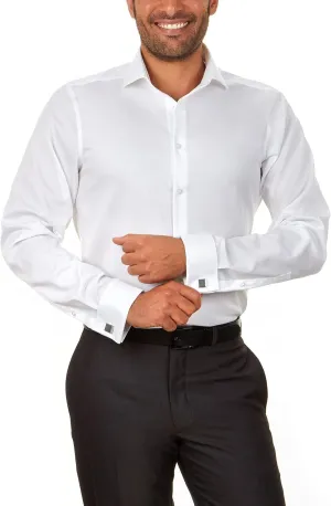 Calvin Klein Men's Non Iron Slim Fit Herringbone French Cuff Dress Shirt, White, 15" Neck 34"-35" Sleeve