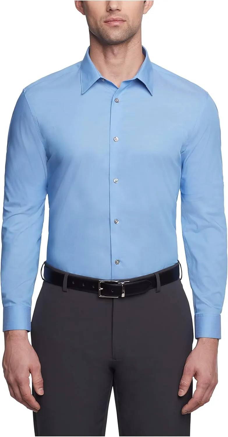 Calvin Klein Men's Slim Fit Non-Iron Herringbone Point Collar Dress Shirt, Mist, 14.5" Neck 32-33" Sleeve