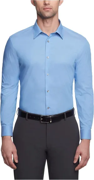 Calvin Klein Men's Slim Fit Non-Iron Herringbone Point Collar Dress Shirt, Mist, 14.5" Neck 32-33" Sleeve