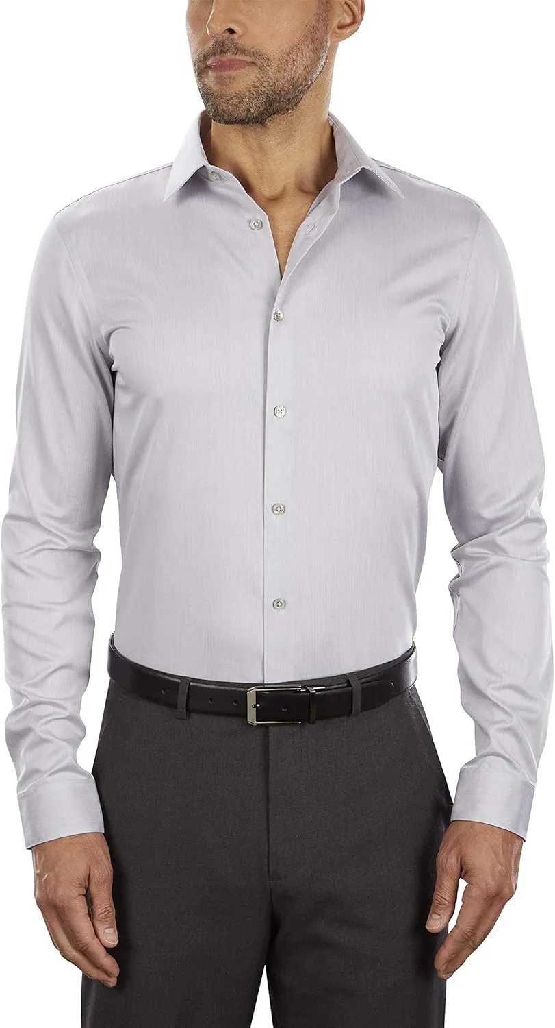 Calvin Klein Men's Slim Fit Non-Iron Herringbone Point Collar Dress Shirt, Smoke, 16.5" Neck 36"-37" Sleeve