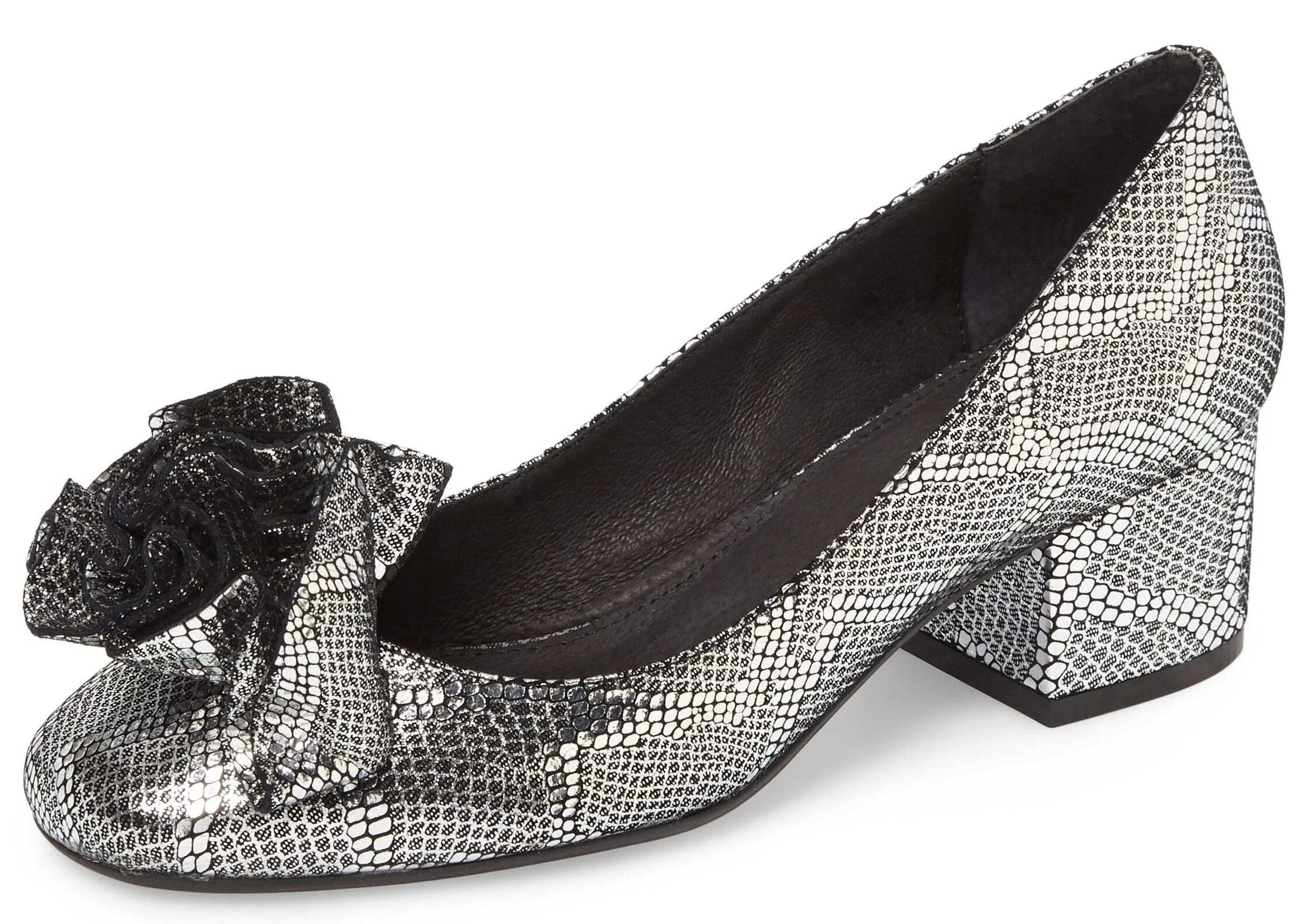 Cecelia New York Lilly Pump Metallic Leather Flower Low Block Heel Pumps