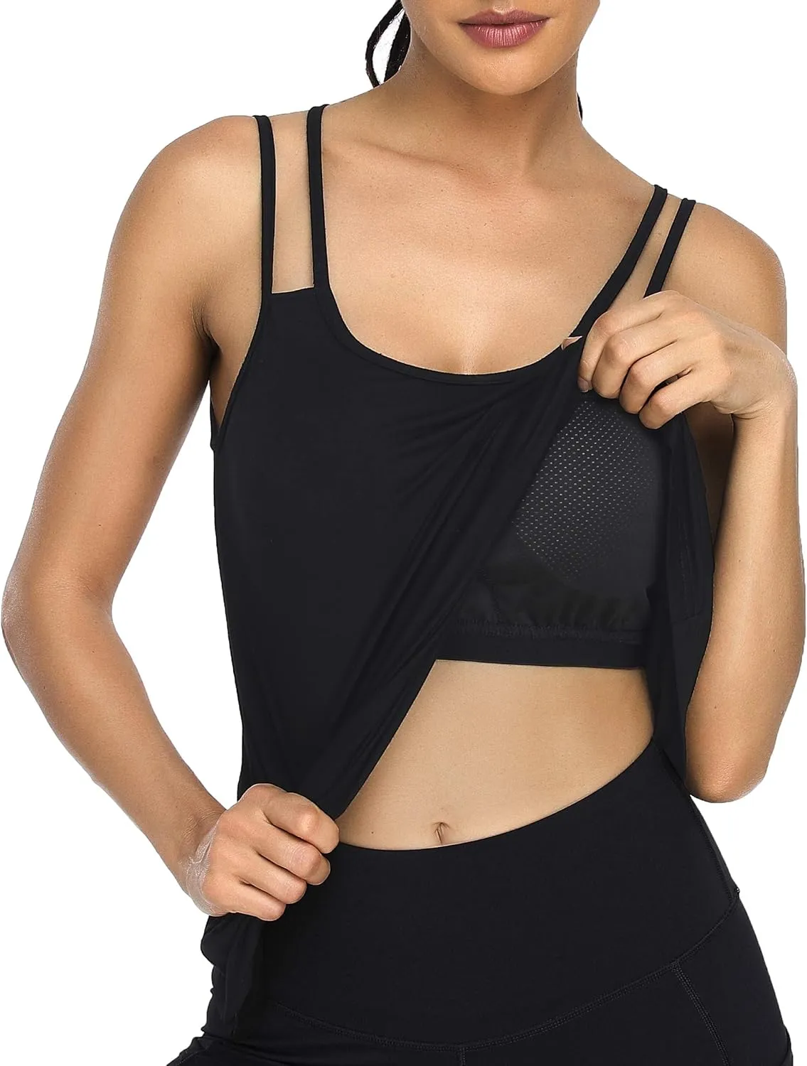 Cestyle Spaghetti Straps Camisole with Built-in Padded Shelf Bra for Women Dressy Casual, Scoop Neck Tunic Length Tank Tops