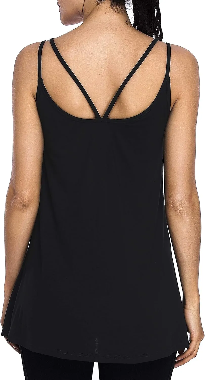 Cestyle Spaghetti Straps Camisole with Built-in Padded Shelf Bra for Women Dressy Casual, Scoop Neck Tunic Length Tank Tops