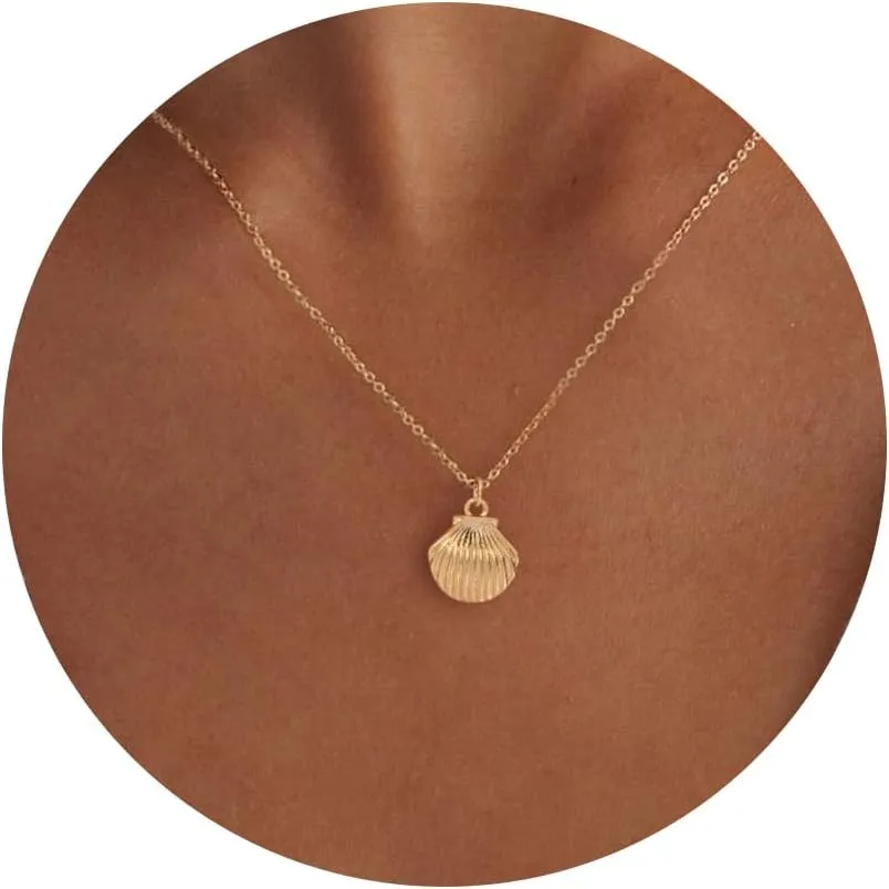 Charm Necklace-14K Gold/Silver Plated Charm Necklace Shell Conch Shell Turtle Starfish Coconut Tree Pearl Necklace Summe Beach Necklaces for Women Dainty Simple Jewelry for Women
