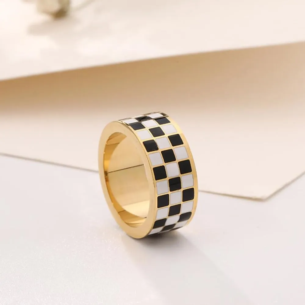 Checkerboard Bands Ring 14k Gold Plated Rings Stainless Steel Polished Black White Knuckle Statement Finger Couple Ring Comfort Fit Christmas Birthday Dainty Jewelry Gift for Women Men