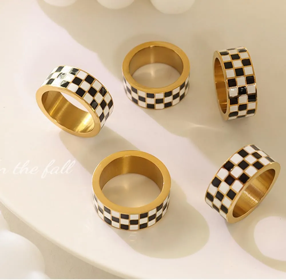 Checkerboard Bands Ring 14k Gold Plated Rings Stainless Steel Polished Black White Knuckle Statement Finger Couple Ring Comfort Fit Christmas Birthday Dainty Jewelry Gift for Women Men