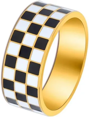 Checkerboard Bands Ring 14k Gold Plated Rings Stainless Steel Polished Black White Knuckle Statement Finger Couple Ring Comfort Fit Christmas Birthday Dainty Jewelry Gift for Women Men
