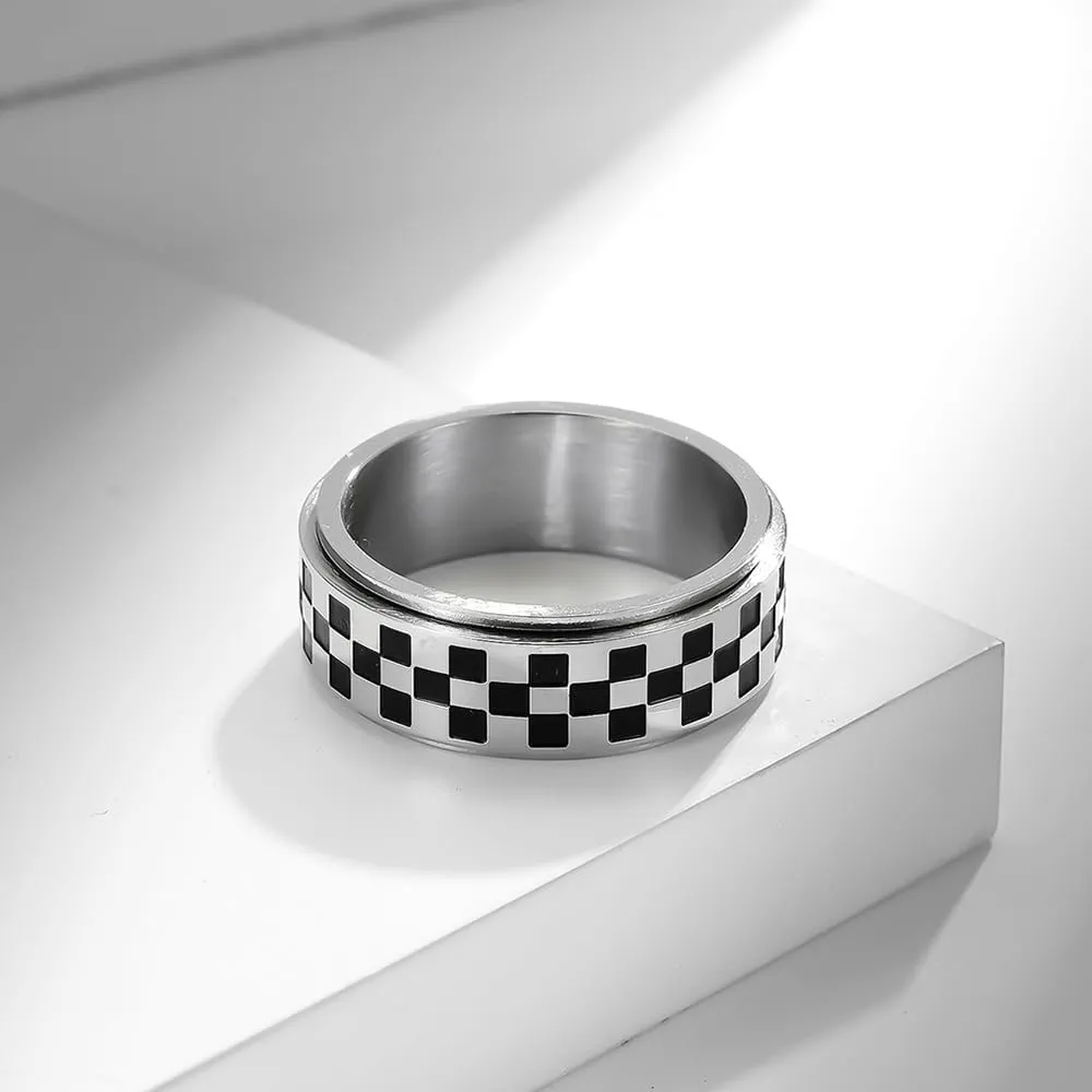 Checkerboard Bands Statement Finger Ring Black White Titanium Steel Rings Checker Polished Rotating Spinner Fidget Band Pointer Ring Comfort Fit Wedding Couple Jewelry for Women Men
