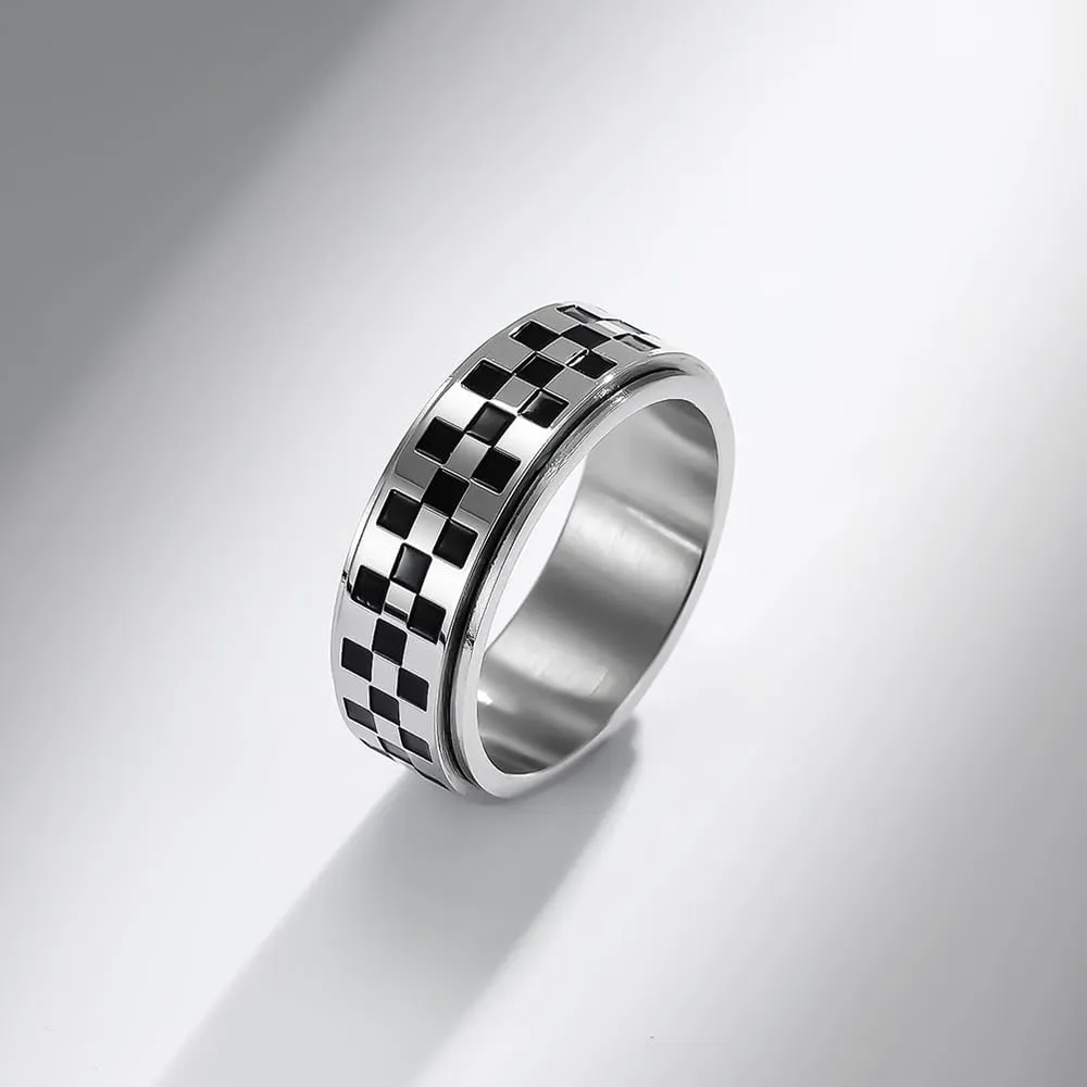Checkerboard Bands Statement Finger Ring Black White Titanium Steel Rings Checker Polished Rotating Spinner Fidget Band Pointer Ring Comfort Fit Wedding Couple Jewelry for Women Men