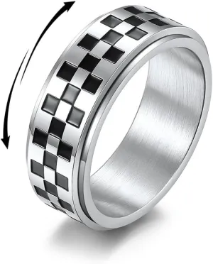 Checkerboard Bands Statement Finger Ring Black White Titanium Steel Rings Checker Polished Rotating Spinner Fidget Band Pointer Ring Comfort Fit Wedding Couple Jewelry for Women Men