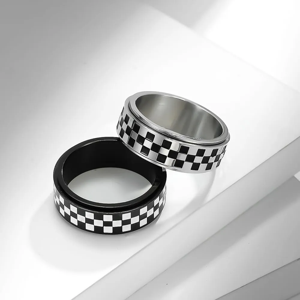Checkerboard Bands Statement Finger Ring Black White Titanium Steel Rings Checker Polished Rotating Spinner Fidget Band Pointer Ring Comfort Fit Wedding Couple Jewelry for Women Men