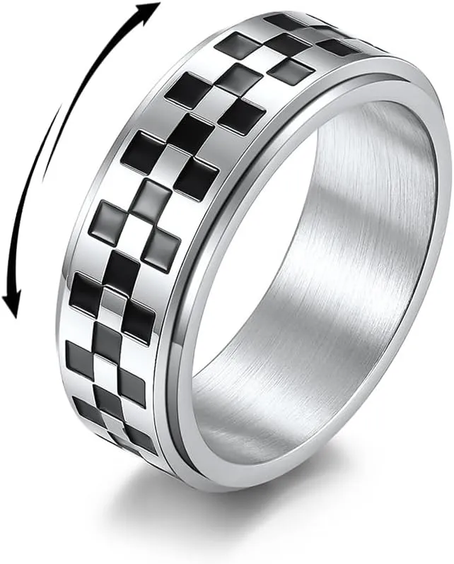 Checkerboard Bands Statement Finger Ring Black White Titanium Steel Rings Checker Polished Rotating Spinner Fidget Band Pointer Ring Comfort Fit Wedding Couple Jewelry for Women Men