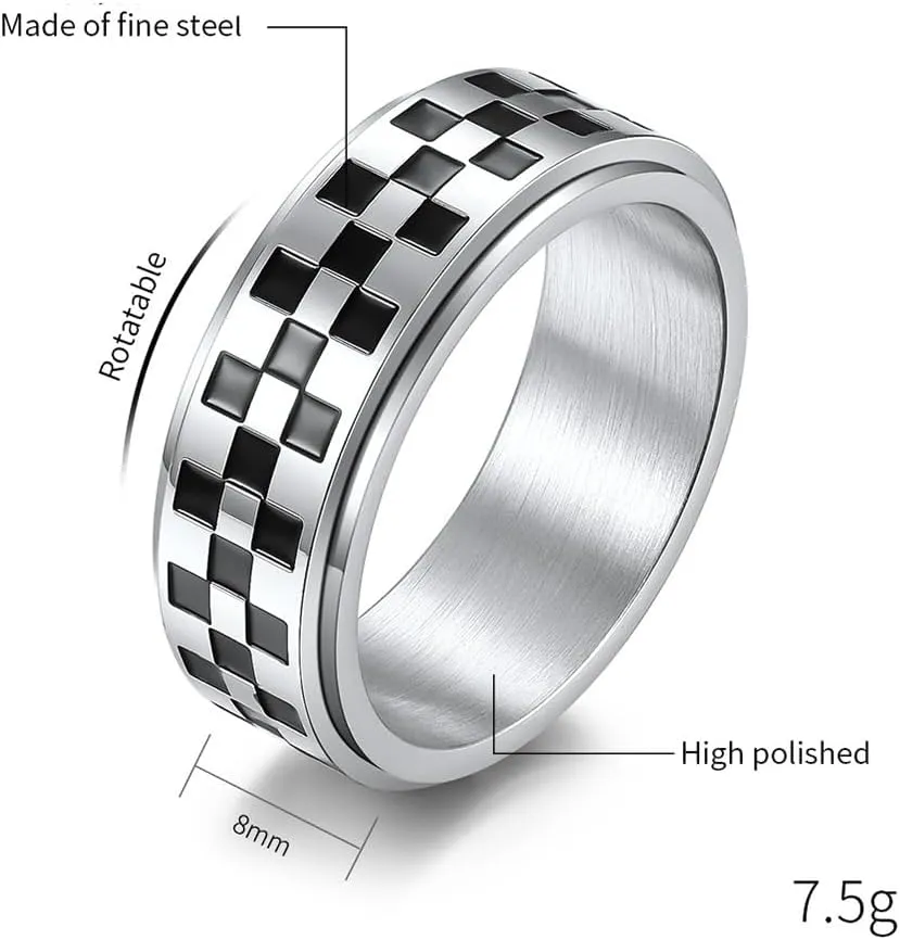 Checkerboard Bands Statement Finger Ring Black White Titanium Steel Rings Checker Polished Rotating Spinner Fidget Band Pointer Ring Comfort Fit Wedding Couple Jewelry for Women Men