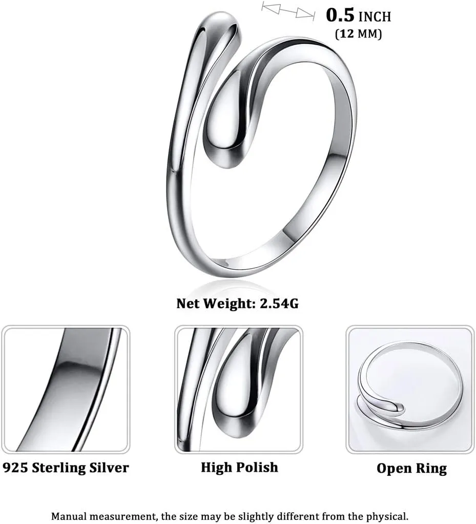 ChicSilver 925 Sterling Silver Ring Minimalist Teardrop High Polish Tarnish Resistant Comfort Fit Open Adjustable Ring for Women(with Gift Box)